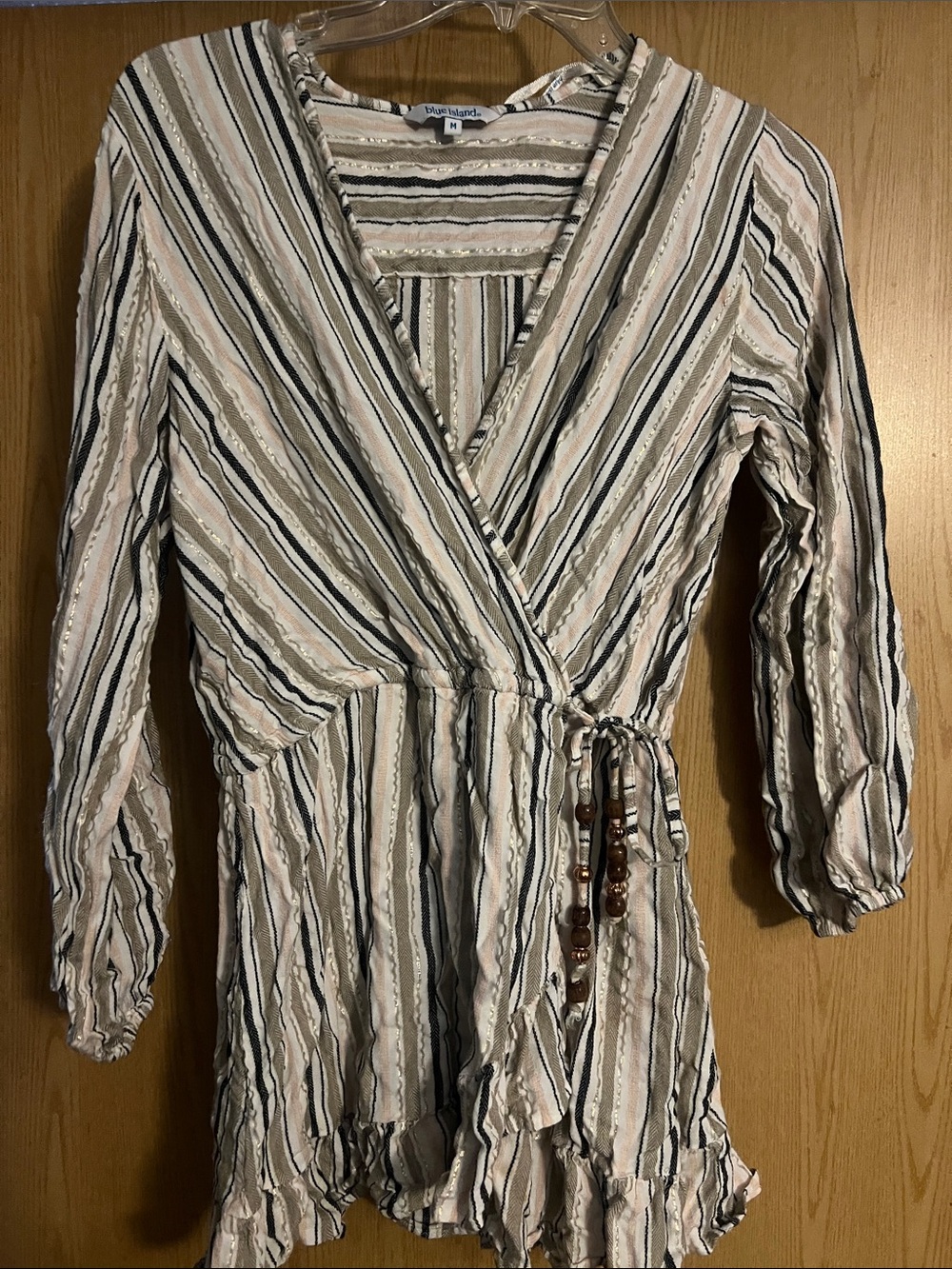 blue island Beige, Black and Cream Striped Long Sleeve Wrap Dress